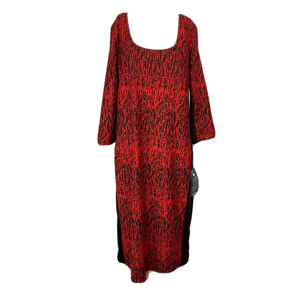 NWT Avenue Dress Womens Sz 18 20 Red Black Print Long Sleeve Sheath Midi Stretch - Picture 1 of 9